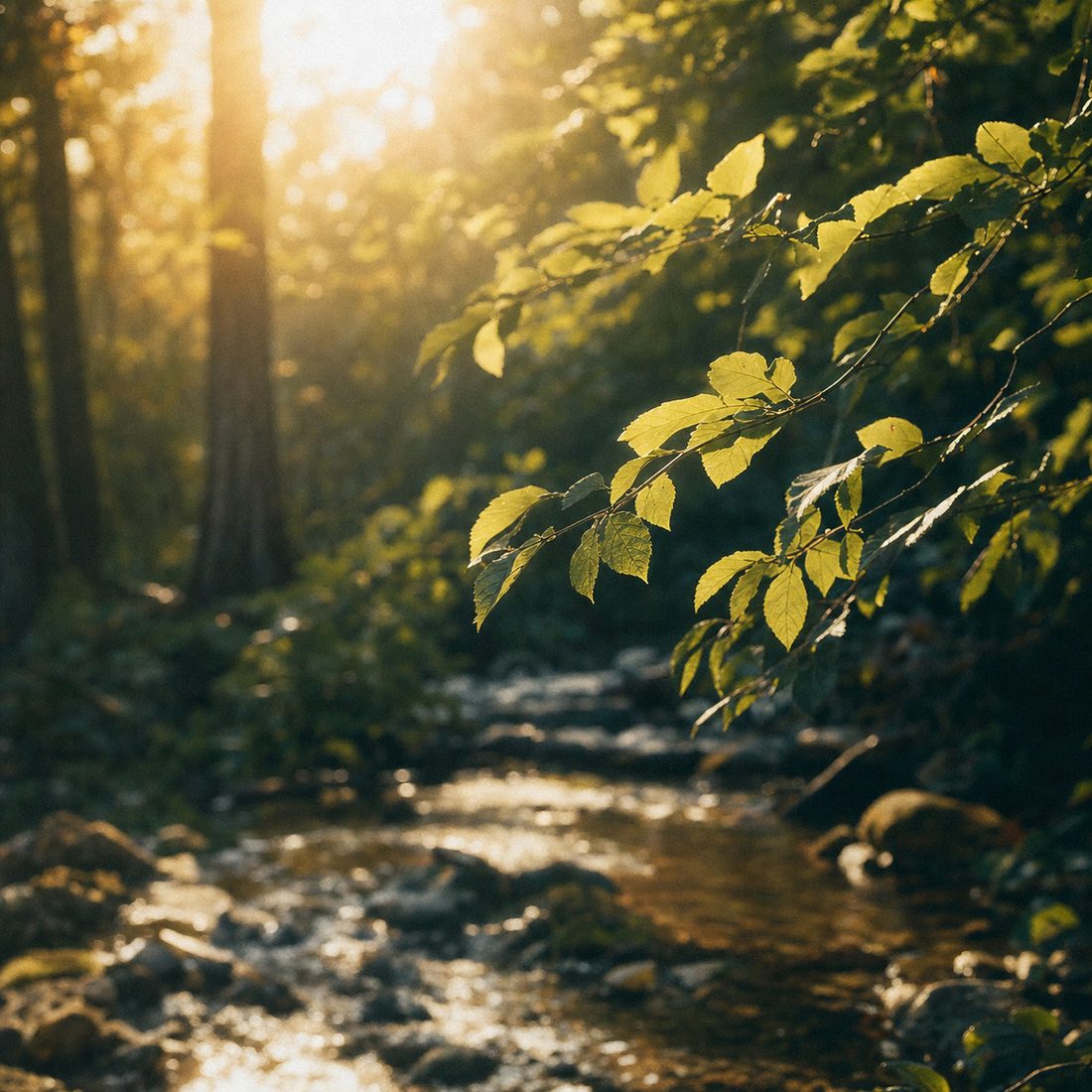 Sunlight filtering through green leaves near a gentle stream, evoking natural recovery.