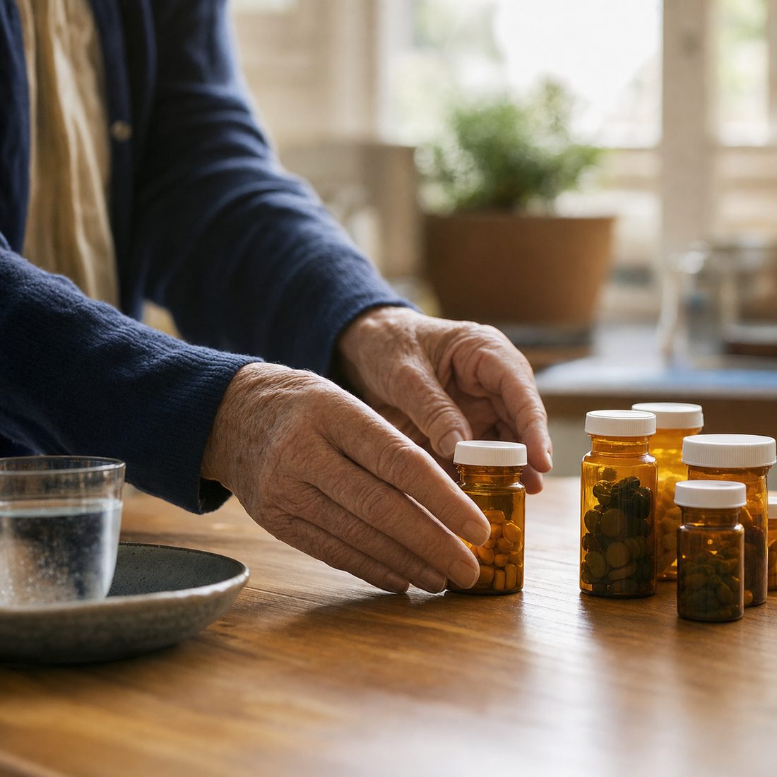 An older person's hands organizing medication bottles on a kitchen counter in soft light.