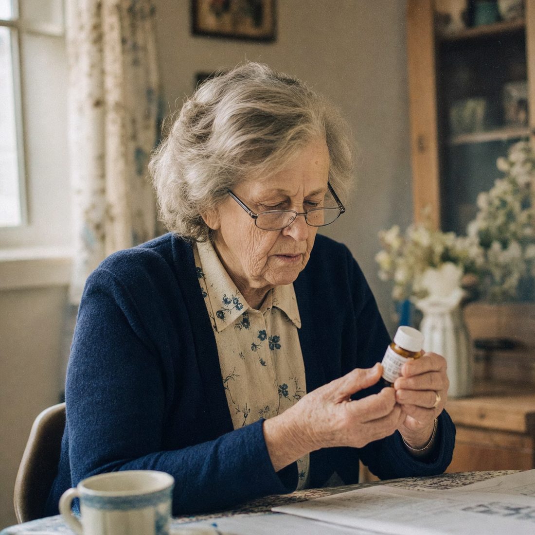 A senior wearing reading glasses examining a medication bottle in warm domestic light.