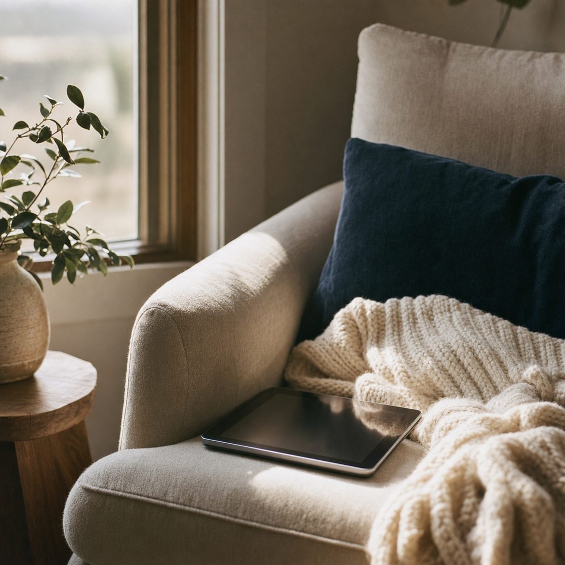A tablet resting on a comfortable armchair near a window with a knit blanket nearby.