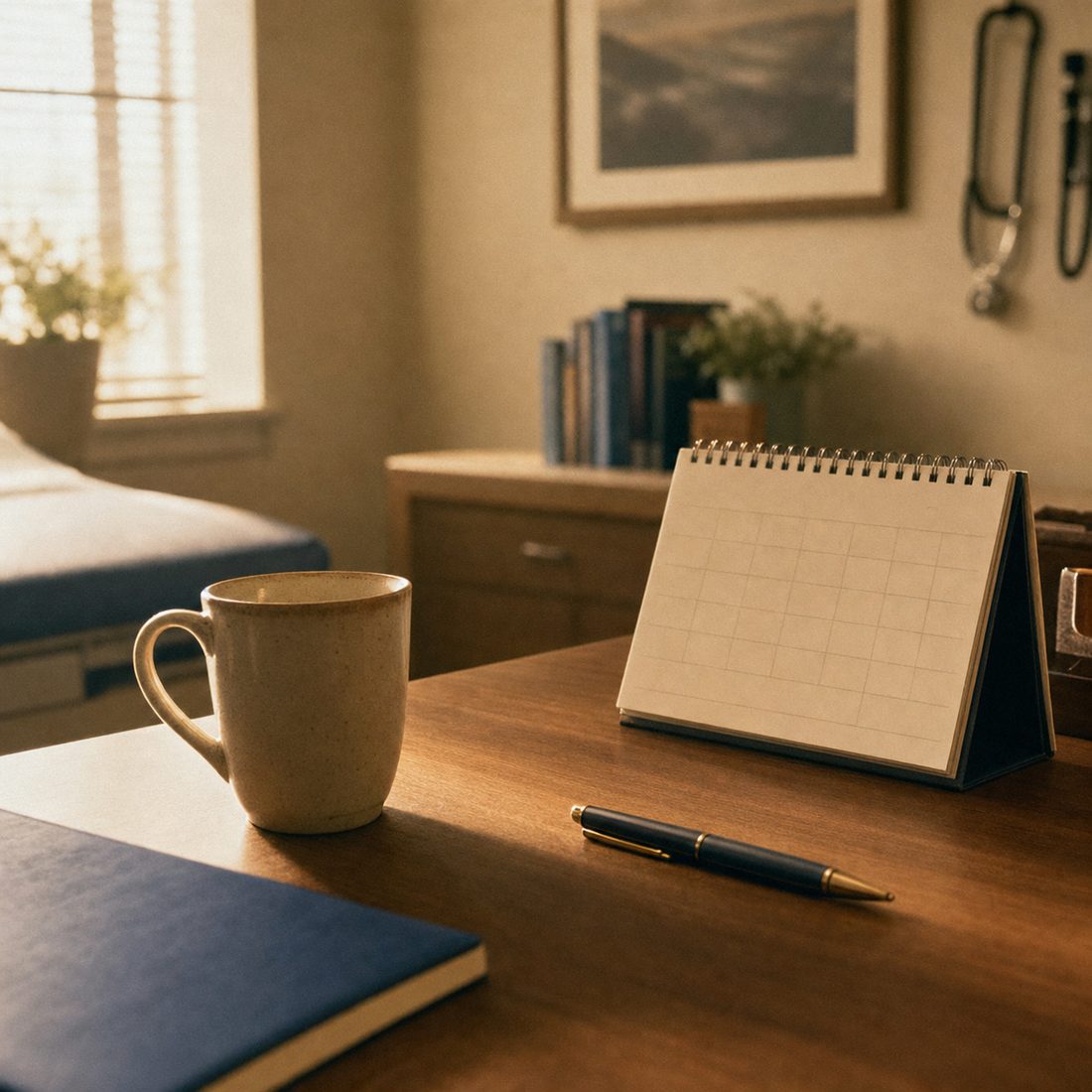 A quiet doctor's office desk with a pen, calendar, and mug in warm light.