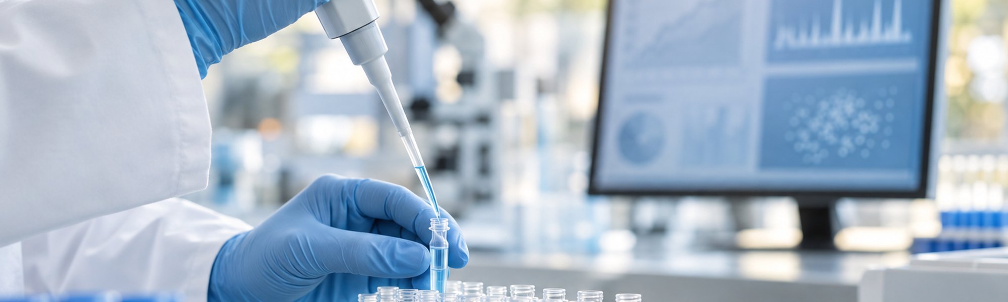 A scientist in a modern laboratory pipetting samples into a rack of vials, with data analysis on a screen behind.