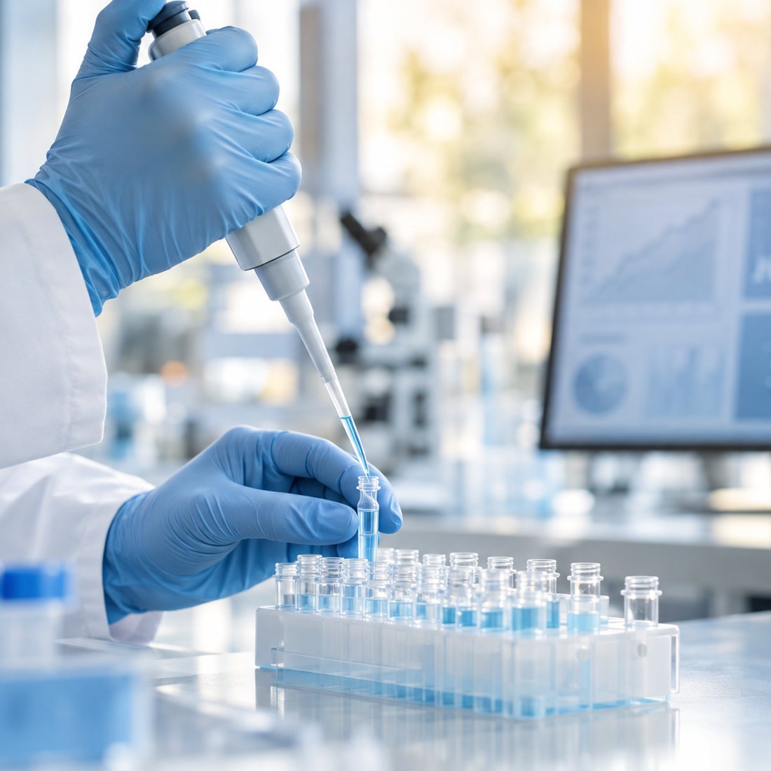 A scientist in a modern laboratory pipetting samples into a rack of vials, with data analysis on a screen behind.