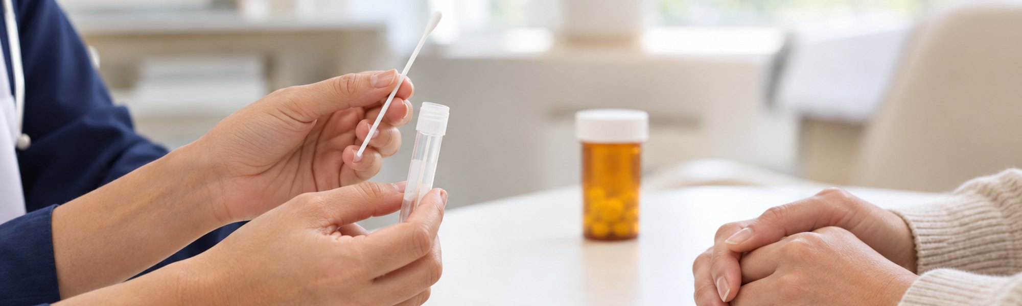 A clinician holding a cheek-swab collection tube across the table from a patient, with a prescription bottle nearby.