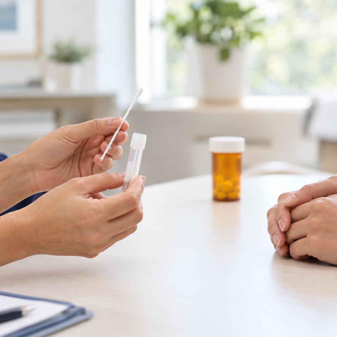 A clinician holding a cheek-swab collection tube across the table from a patient.